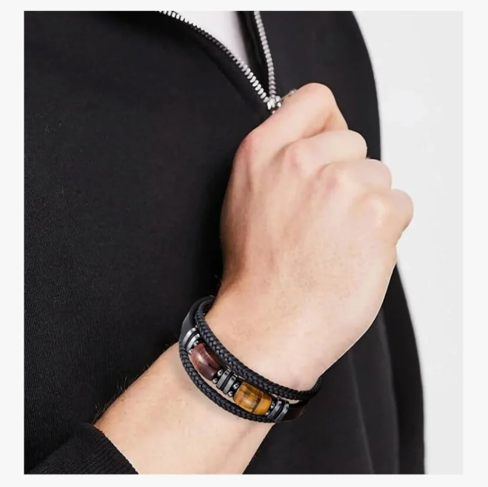 Men's Leather Tiger Eye Bracelet - Picture 2 of 4
